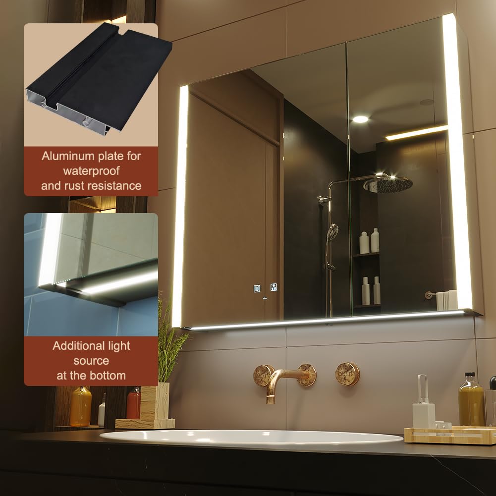 KWW LED Beleuchtetes Badezimmer Medizin Kabinett mit Spiegel, Farbtemperatur Einstellbar, Anti-Nebel Dimmbare Lichter, Steckdosen für USBs (80 x 70 cm)