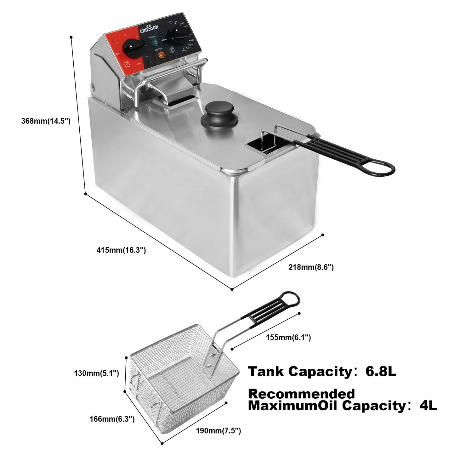 CROSSON 4L Elektrische Aufsatzfritteuse mit leicht zu reinigendem rotierendem Fritteusenkopf, 30 Minuten Timer, abnehmbarer Öltank 304 SS mit Griff (4L single tank)