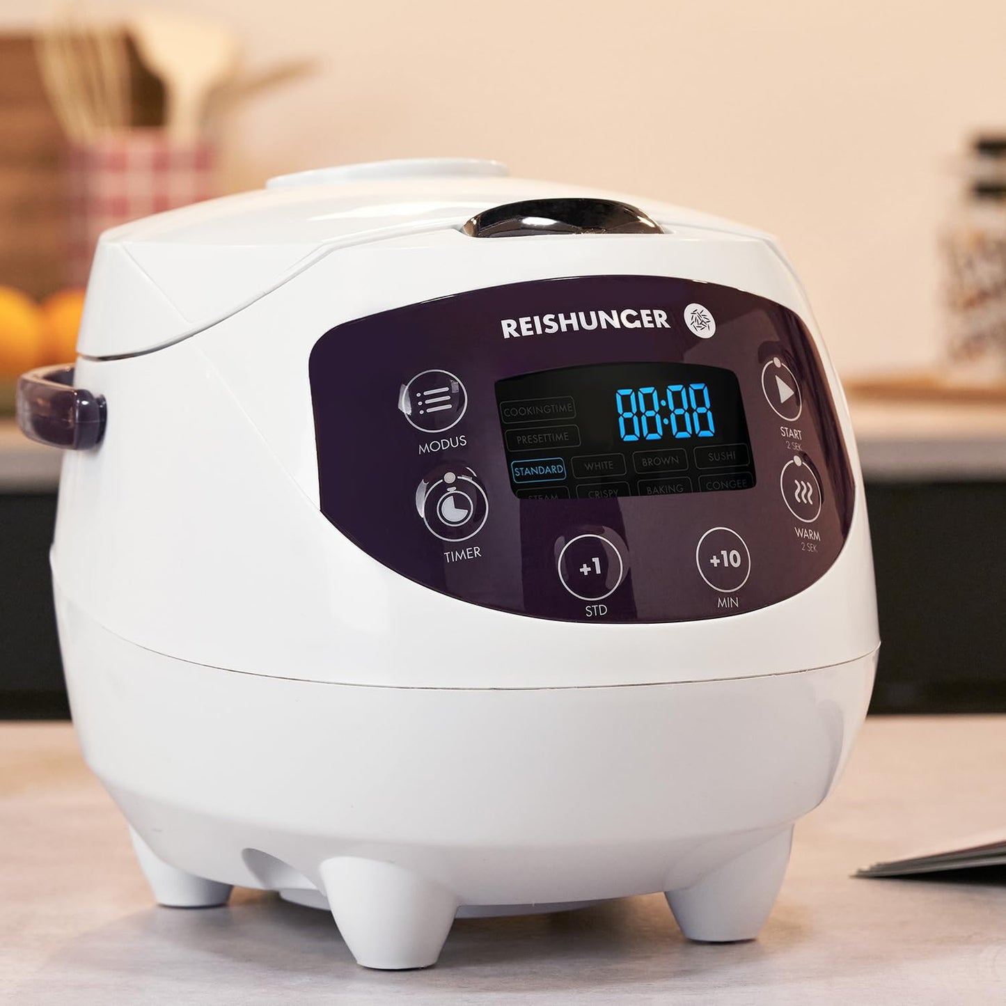 REISHUNGER Digitaler Reiskocher klein, schwarz | 0,6 L bis 3 Personen | Warmhaltefunktion, Timer & Premium Topf | Kleiner Multikocher & Dampfgarer, 8 Programme, 7-Phasen-Technologie