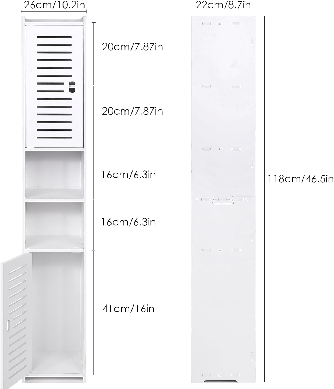 AIKTOTA Bathroom Cabinet, Freestanding Storage Cabinet with Door and Shutters, Waterproof Bathroom Furniture Cabinet for Living Room, Bedroom, Kitchen, etc., White (26 x 22 x 118 cm)