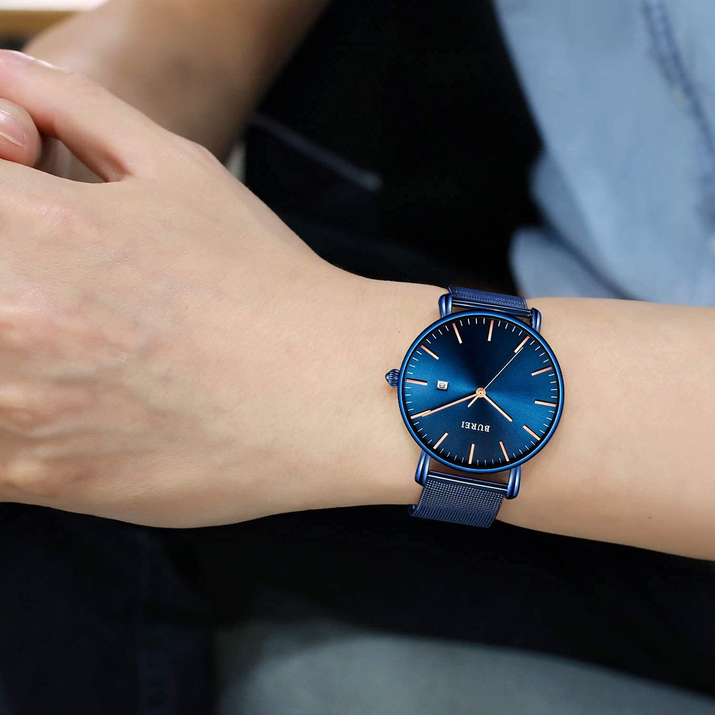 BUREI Ultra Dünne Uhren Herren Schwarze Analoges Datum Armbanduhr Herren mit Japanisches Quarzwerk, Geschenke für Männer