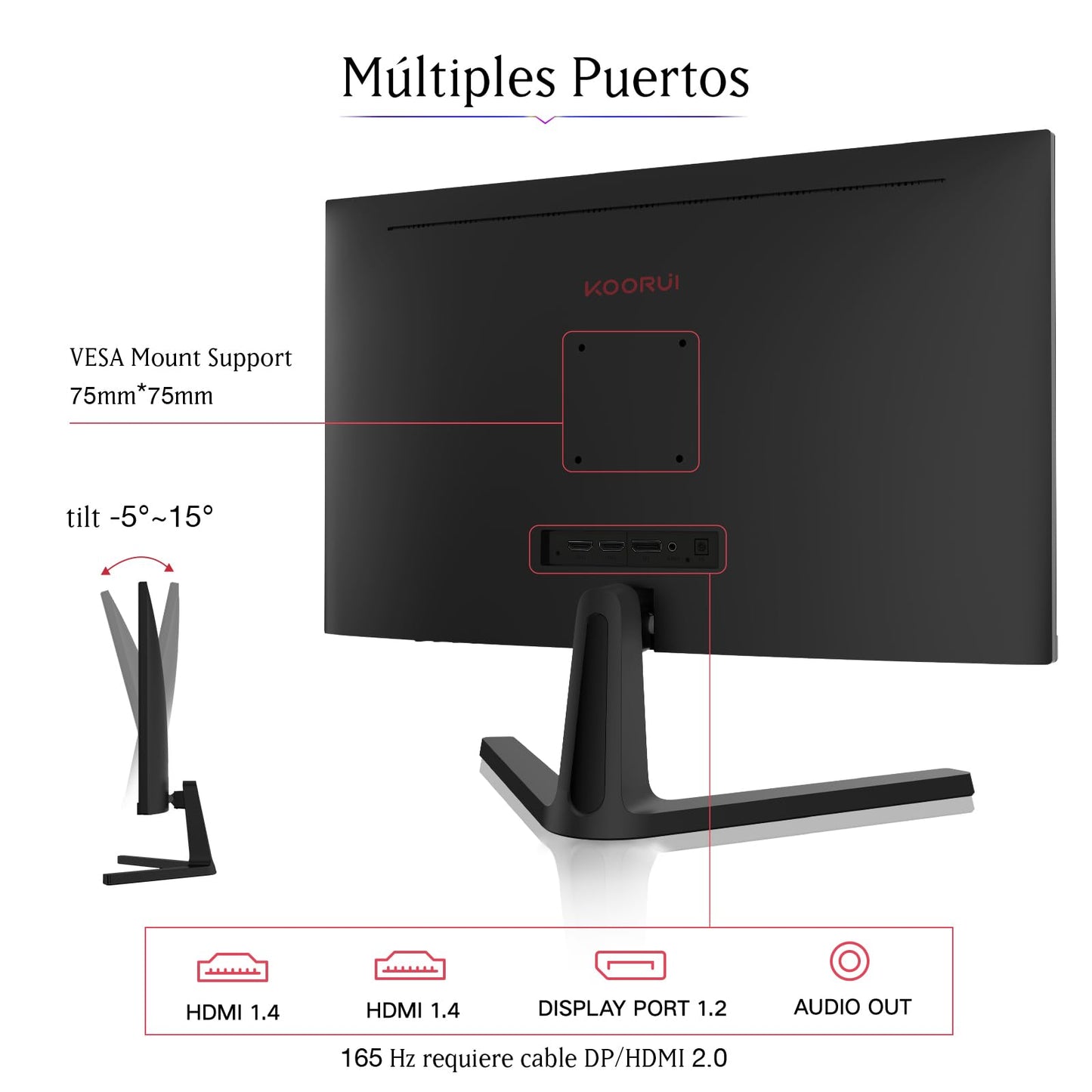 KOORUI Gaming Monitor 24 Zoll - FHD PC Bildschirm VA 165Hz 1ms Monitor 144hz, AdaptiveSync Technology, DCI-P3 85%, 2 x HDMI, DP Neigbar, Schwarz