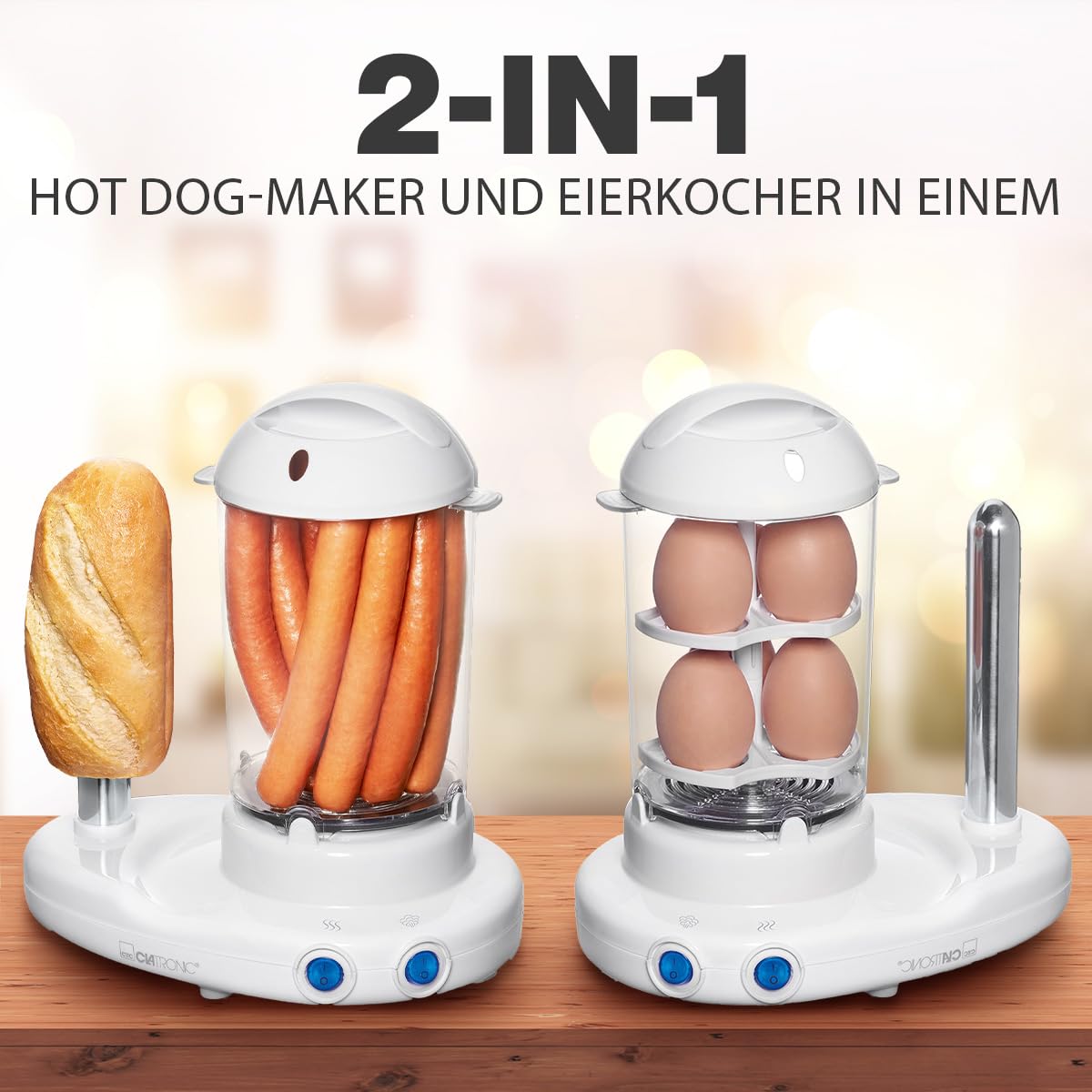 Clatronic® 2in1 Hot Dog Maker & Eierkocher | Hotdog Maker Set für 1-14 Würstchen | Egg Cooker für bis zu 6 Eiern | mit beheiztem Edelstahl-Aufsteckdorn | inkl. Messbecher mit Eipicker | HDM 3420 EK N