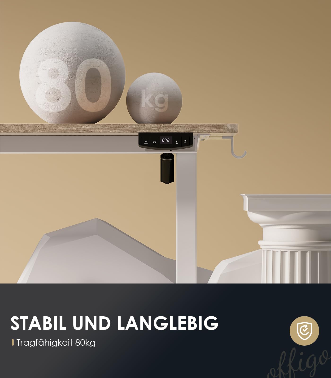 OffiGo Höhenverstellbarer Schreibtisch, 120 cm Elektrischer Schreibtisch, Ergonomischer Tisch mit Memory-Funktion, Gaming Tisch Höhenverstellbar, Moderner Computertisch für Zuhause und Büro, Weiß