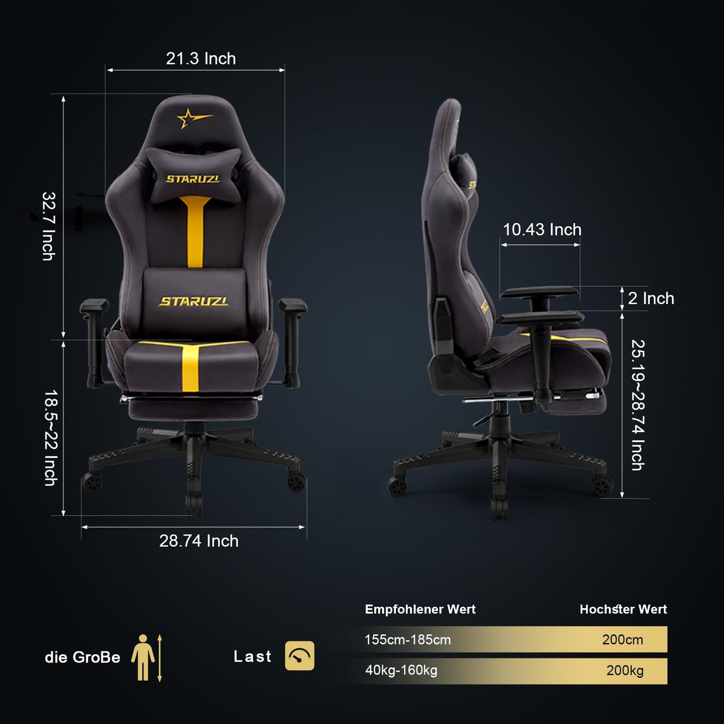 STARUZI Gaming Stuhl aus Wildlederimitat Stoff, Ergonomischer PC Stuhl, Gamer Stuhl mit Fußstütze, Atmungsaktiver Game Drehsessel mit Verstellbare Armlehne, Grau-Grün