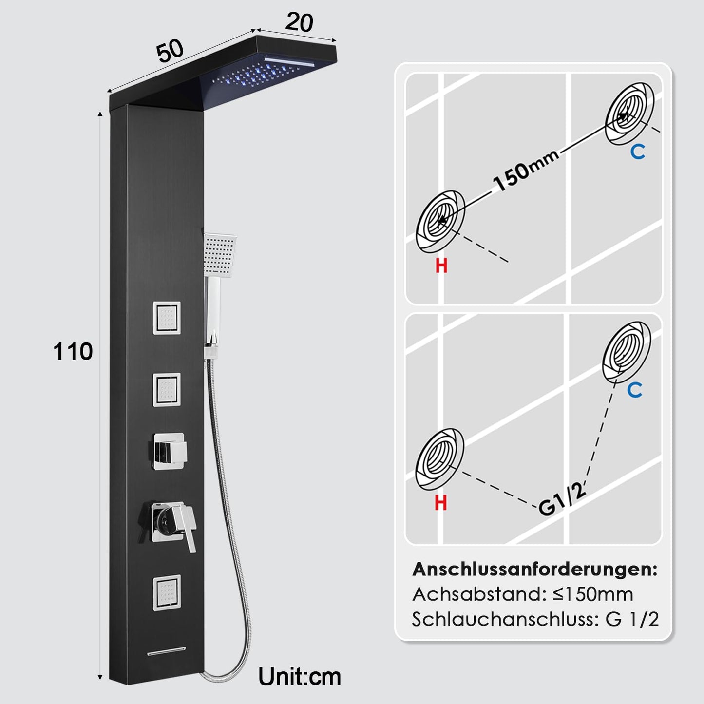 LED Duschpaneel mit Thermostat, OUGOO 6 Funktionen Duschpaneel mit Armatur, Regendusche, Wasserfalldusche, 2-Typ-Massagedüsen, Handbrause und Badewanneneinlauf, 304 Edelstahl, Schwarz
