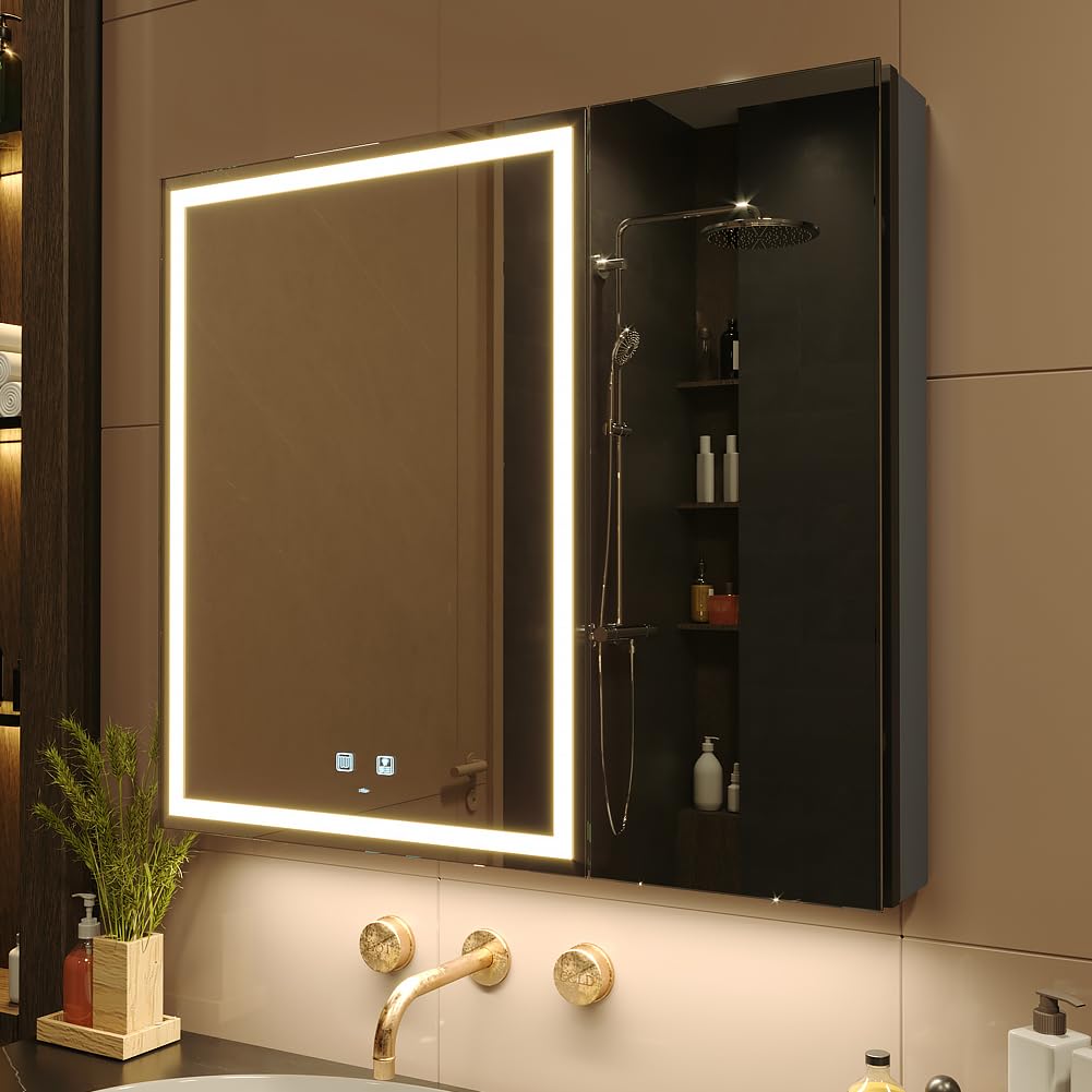 KWW LED Beleuchtetes Badezimmer Medizin Kabinett mit Spiegel, Farbtemperatur Einstellbar, Anti-Nebel Dimmbare Lichter, Steckdosen für USBs (80 x 70 cm)
