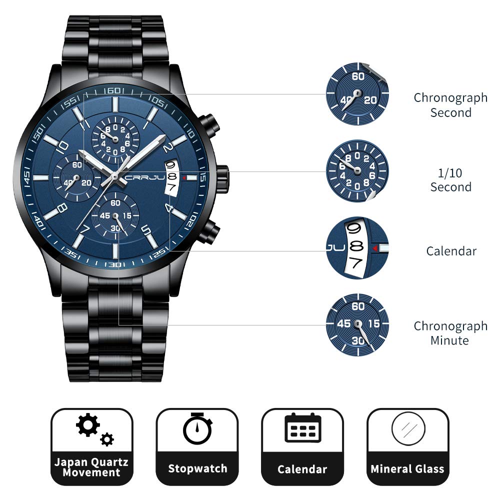 CRRJU Herren Uhr Business Edelstahl wasserdichte Chronographen mit Kalender Armbanduhr Edelstahlband Stoppuhr Analog Quarzuhr