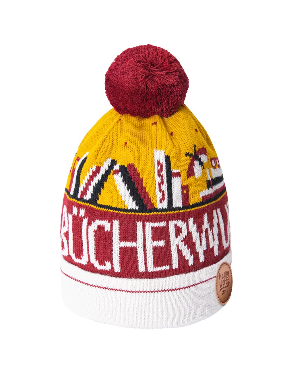 Happy Words Hats, Hats & Caps for Men and Women - Men's Hat with Bobble - Warm Winter Hat with Colourful Pattern - Knitted Hat Made of Acrylic Fabric - Gifts for Women and Men