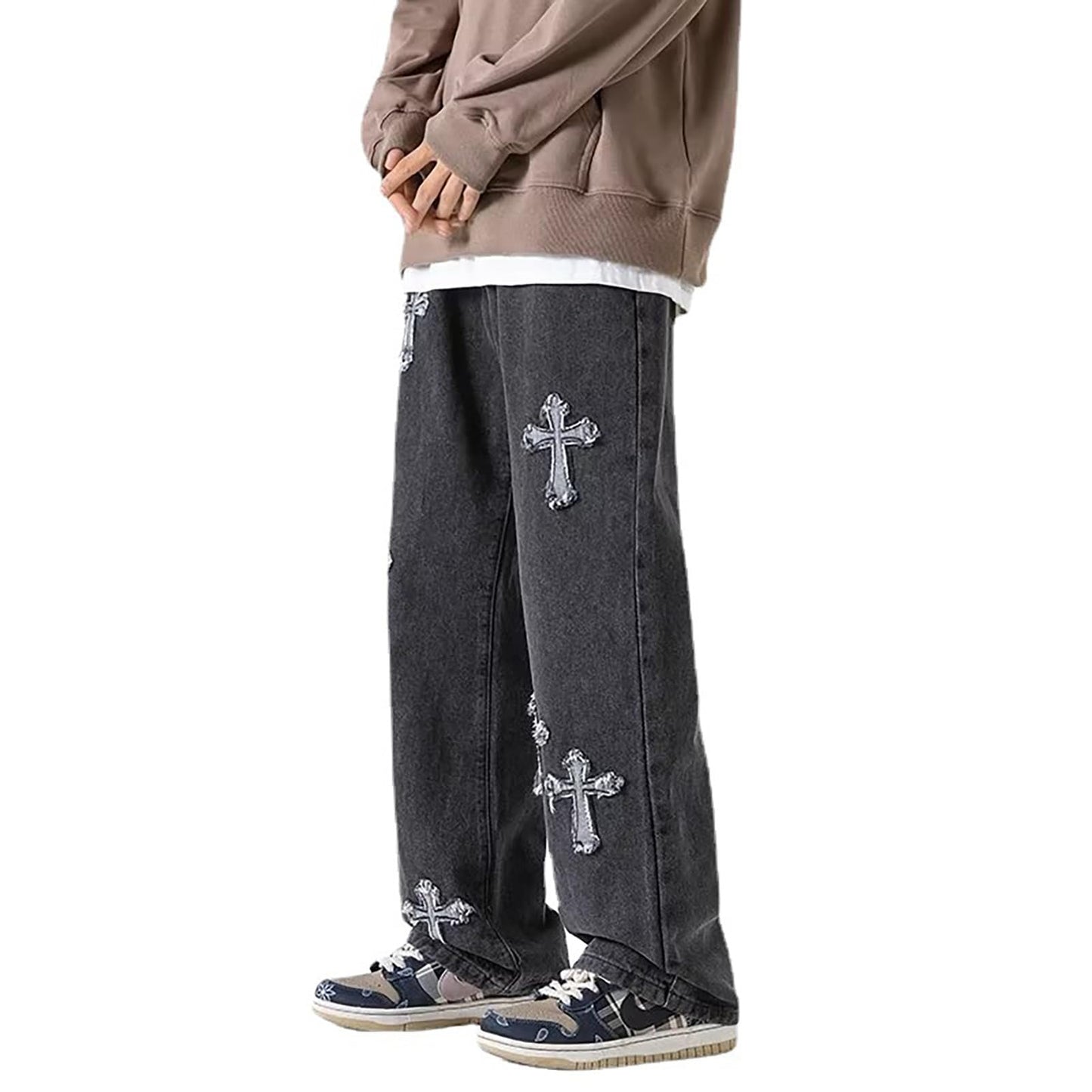 Y2K Vintage Effect Baggy Jeans for Men with Cross Print