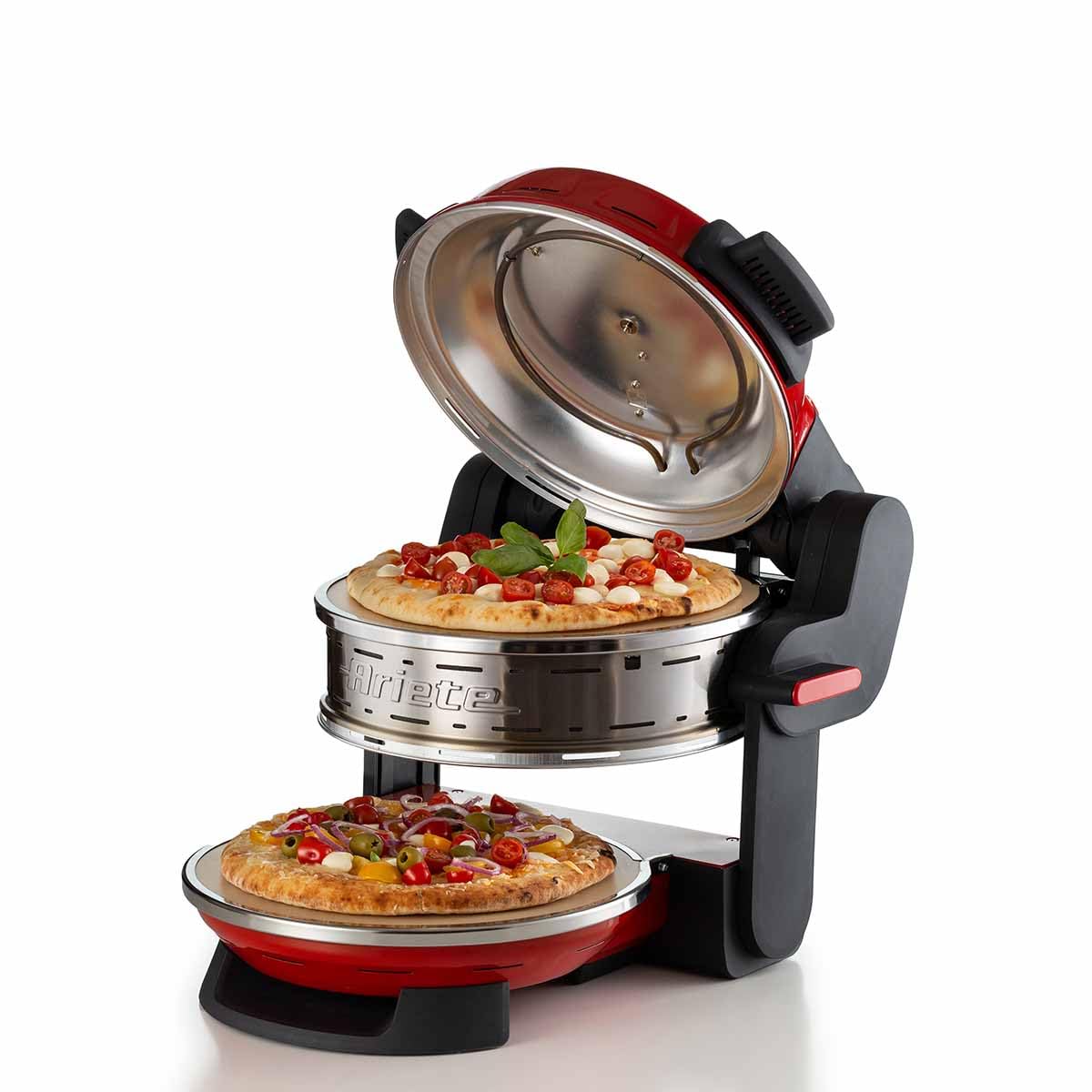 Ariete Pizzaofen 919, 4-Minuten-Pizza, Pizzaofen mit 5 Garstufen, Feuerfeste Platte zum Wiederaufwärmen, Holzbrettchen im Lieferumfang Enthalten, Max. Temperatur 400°C, 1200W, Rot
