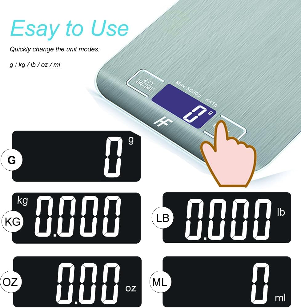 HomeFashion Küchenwaage Edelstahl, Hochpräzise 5kg 1g Digitalwaage mit LCD Display, Tara-Funktion, 6 Maßeinheiten, Batterien inklusive