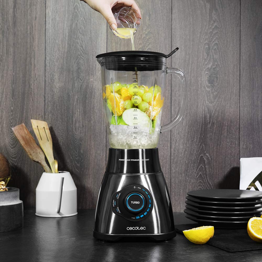 Cecotec Standmixer Power Black Titanium 1800MAX Blend It, 1800 W maximale Leistung, 5 Geschwindigkeiten, 6 Klingen aus Edelstahl, Ice-Crush-Funktion, Turbo- und Smoothie-Funktion, AutoClean-Funktion