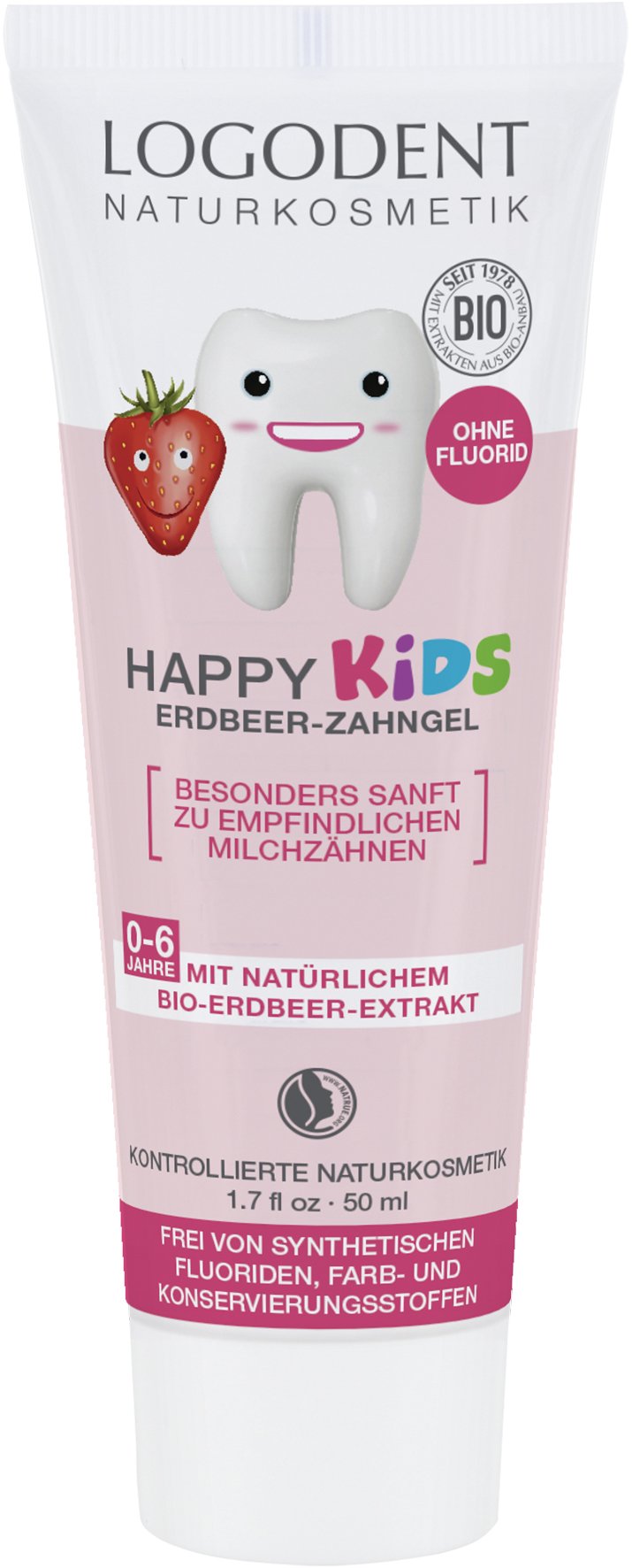 Logodent Naturkosmetik Happy Kids Erdbeer-Zahngel mit Natürlichem Kieselgel, 50 ml