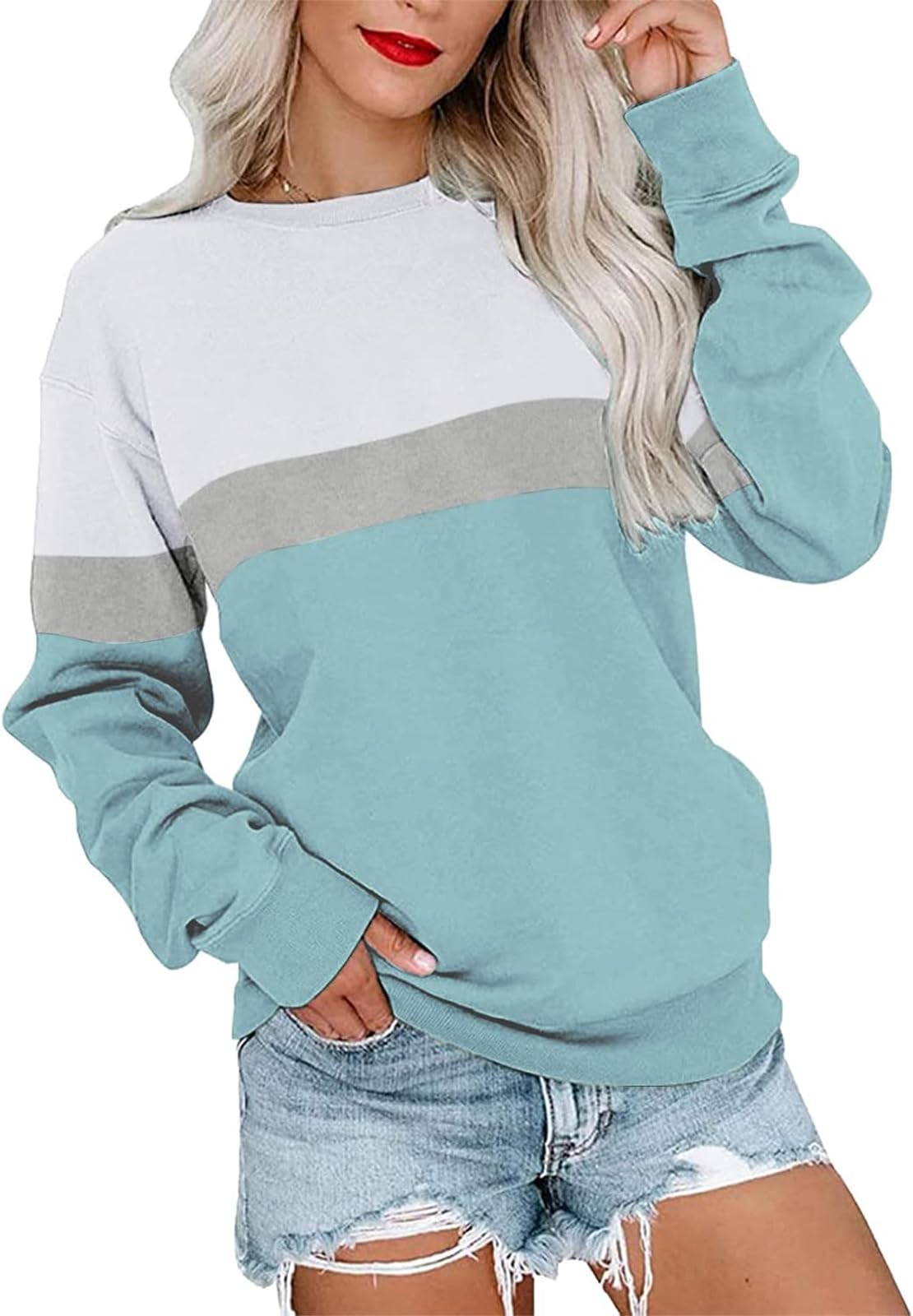 BUHIM Women’s Colorblock Sweatshirt – Casual Crewneck Long Sleeve Pullover