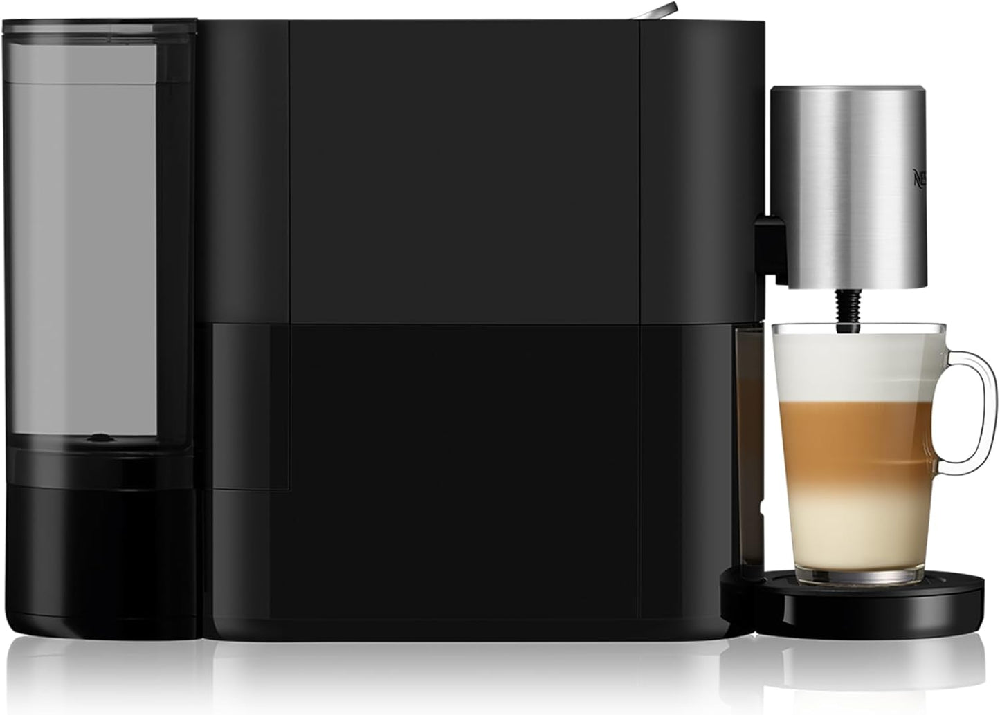 Nespresso Krups Atelier Kaffeemaschine mit Milchaufschäumer, 1 L Wassertank, inkl. Glastasse+Kapseln, 19bar Druck, schwarz/silber