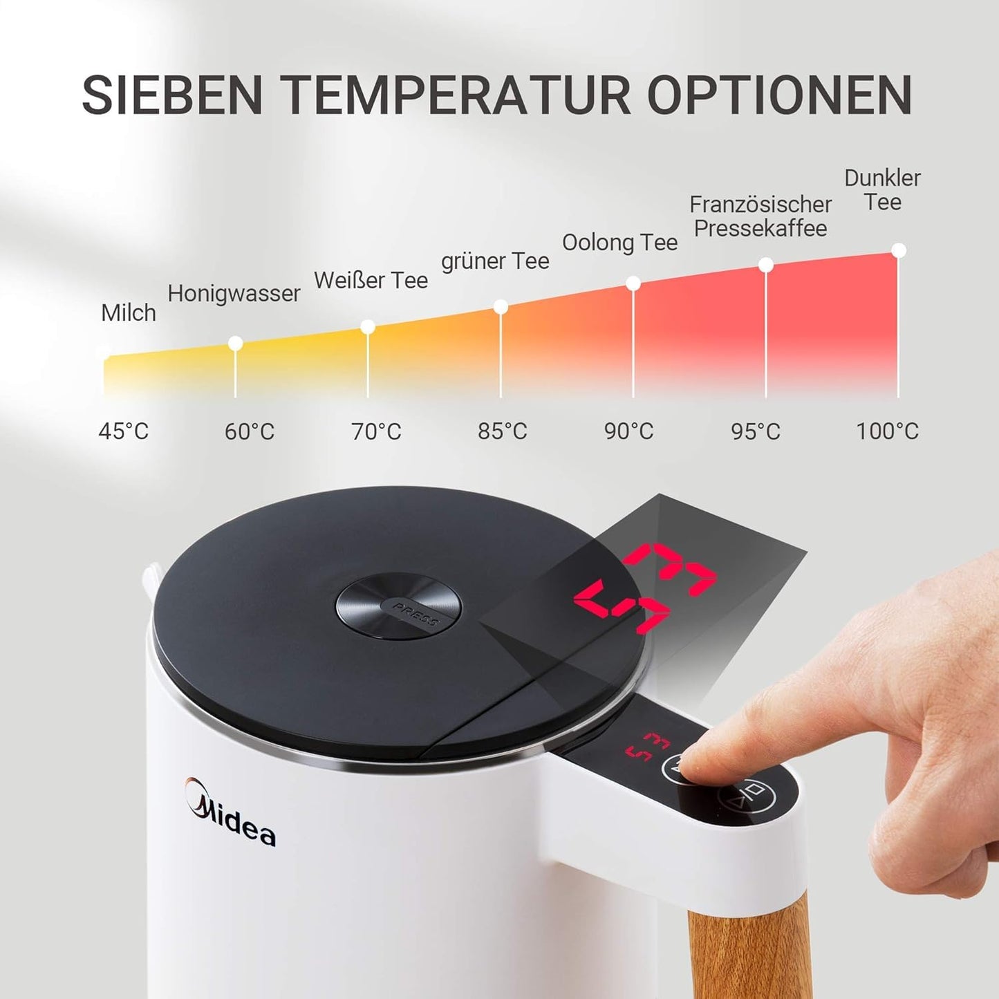 Midea Wasserkocher mit Temperatureinstellung (40, 60, 70, 80, 90, 100 Degree C),Edelstahl 1,7 Liter,Kettle 2200W mit Sichtfenster, Warmhaltefunktion für 60 Min