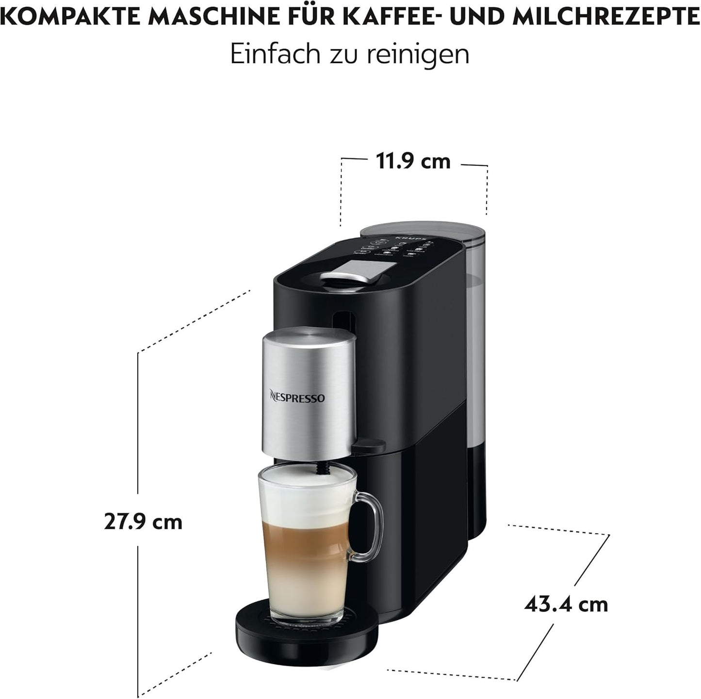 Nespresso Krups Atelier Kaffeemaschine mit Milchaufschäumer, 1 L Wassertank, inkl. Glastasse+Kapseln, 19bar Druck, schwarz/silber