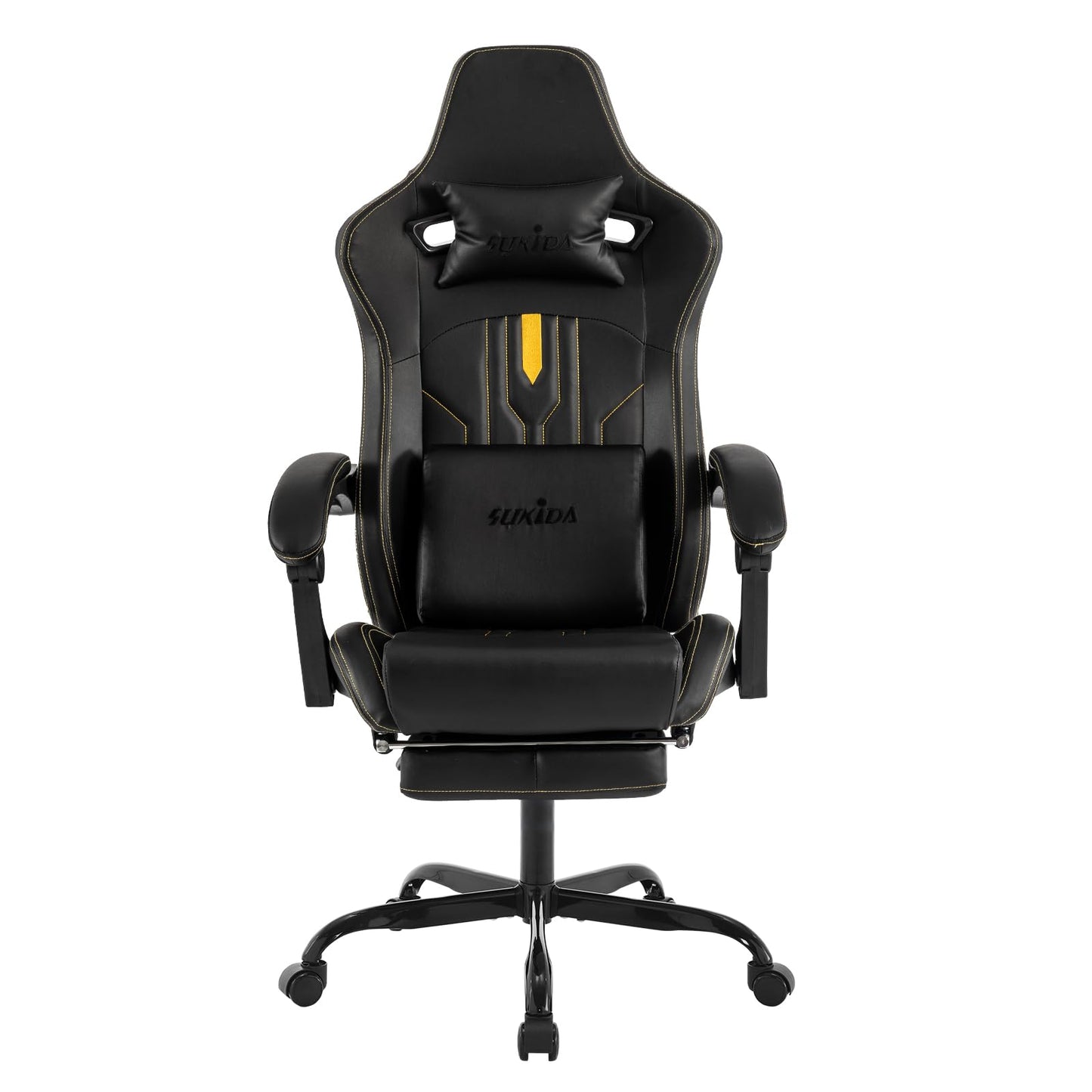 SUKIDA Gaming Stuhl Computerstuhl Ergonomischer Gaming Chair mit Fußstütze Bürostuhl Ergonomischer Computerstuhl mit Lendenwirbelstütze Schwarz