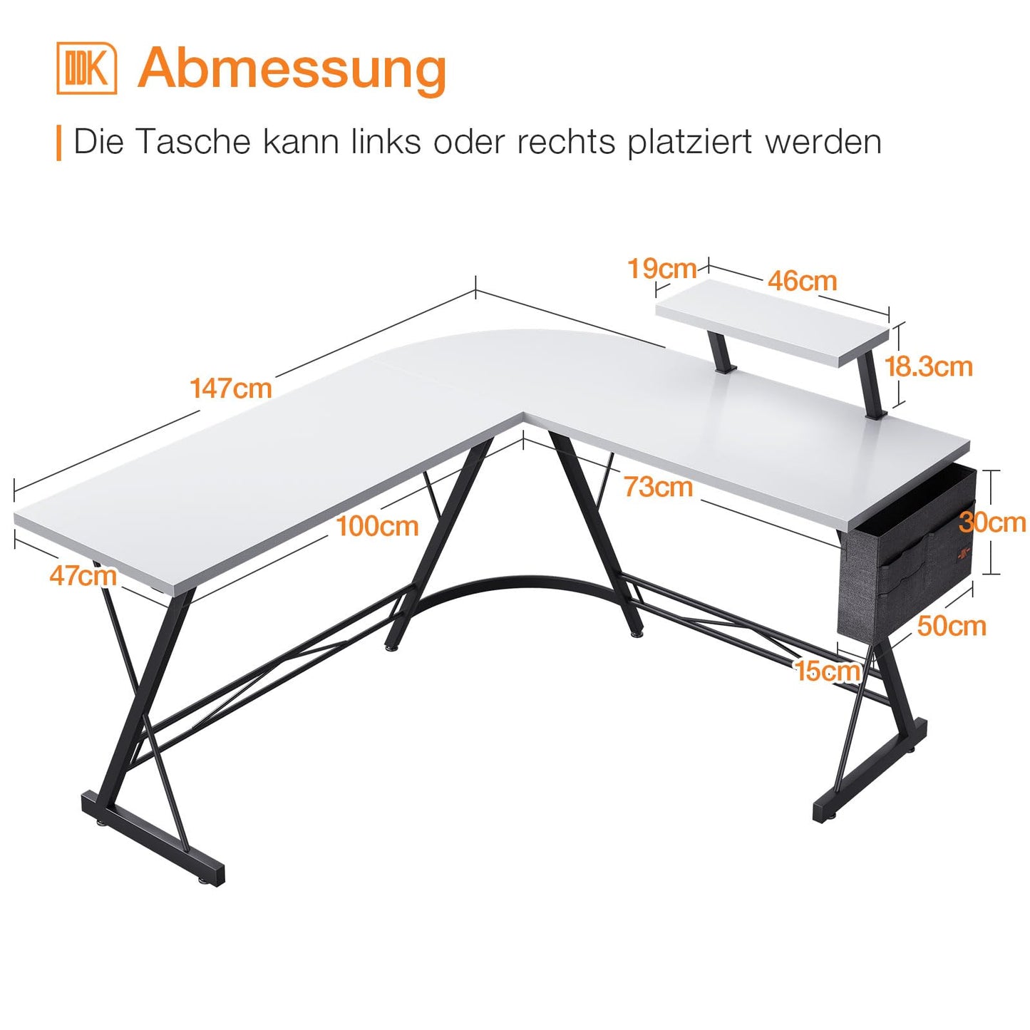 ODK Gaming Tisch, Gaming Schreibtisch Eckschreibtisch für Gamer, Schreibtisch L Form mit Monitorständer für Büro (Schwarz, 127 x 127 cm)