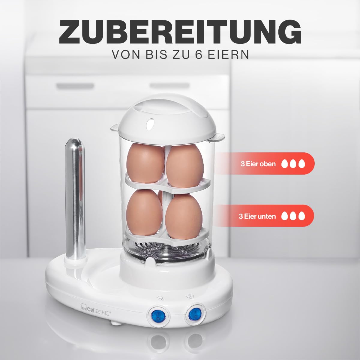 Clatronic® 2in1 Hot Dog Maker & Eierkocher | Hotdog Maker Set für 1-14 Würstchen | Egg Cooker für bis zu 6 Eiern | mit beheiztem Edelstahl-Aufsteckdorn | inkl. Messbecher mit Eipicker | HDM 3420 EK N