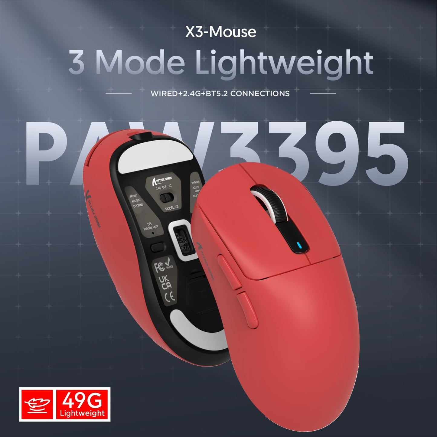 ATTACK SHARK X3 49g Ultralight Mouse, PixArt PAW3395 Gaming Sensor, BT/2.4G Wireless/Wired Gaming Mouse, 26000 DPI, 200 Hours Battery, Office Mice for Win11/Xbox/PS/Mac (White)
