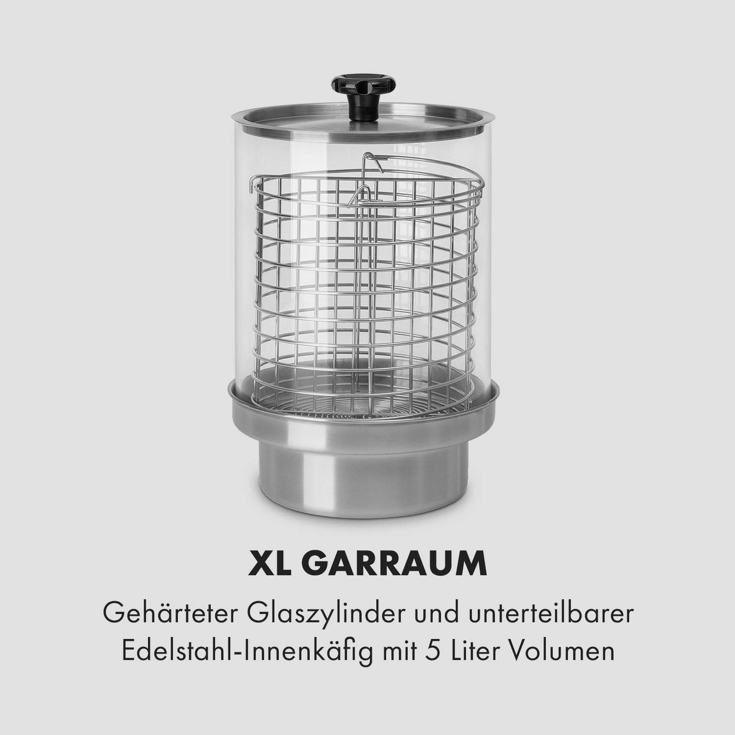 Klarstein Wurstfabrik Pro 550 Hot Dog Maker, 550 Watt, 2 Heizspieße, Temperaturregler 30-100 °C, Glaszylinder: Ø 20 cm, Edelstahlkäfig: Ø 17 cm, Edelstahlgehäuse,Profi Würstchenkocher, silber