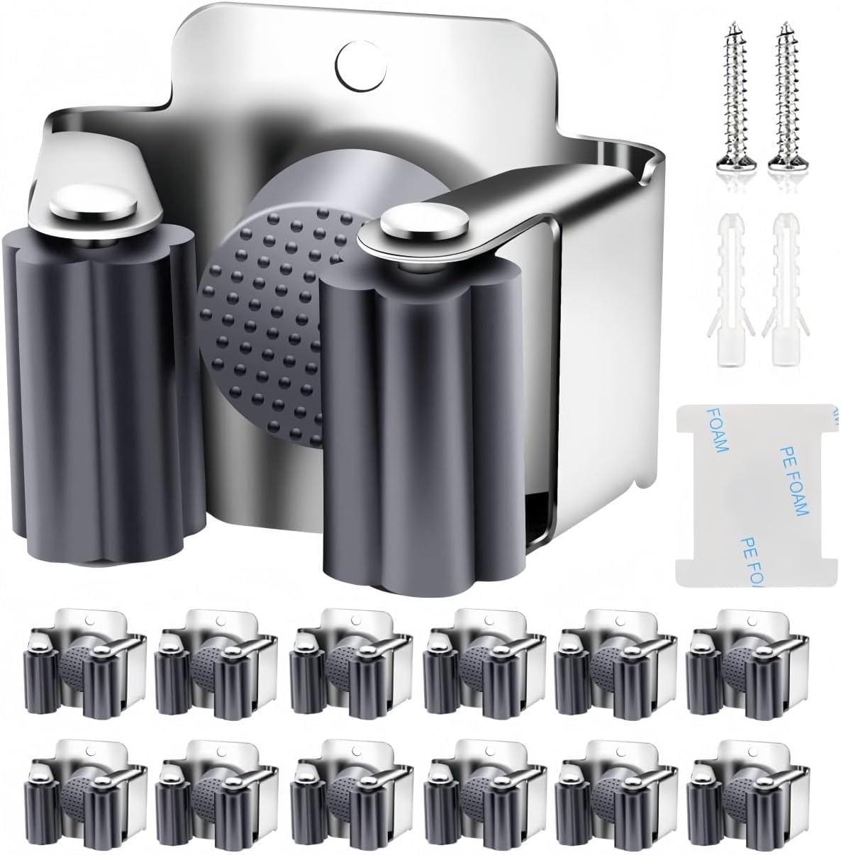 KAHEIGN 12Pcs Gerätehalter Set, Besenhalterung Wand Gartengerätehalter Besenhalter Wand, Edelstahl Wandhalterung für Wischmopp, Besen, Schaufel, Gartengeräte, Werkzeughalter Zuhause Garten