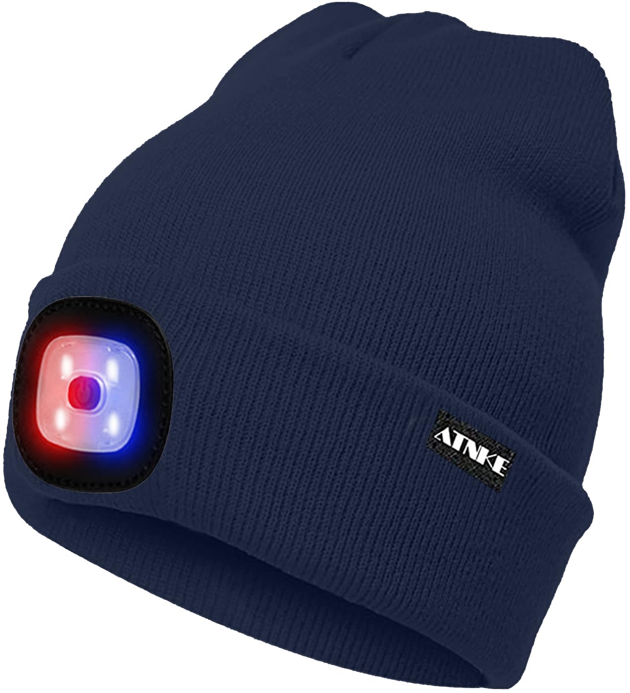 ATNKE LED Beleuchtete Mütze,Wiederaufladbare USB 4 LED Rot und Blau Leuchten Blinkender Laufmütze mit Licht Extrem Heller Lampe Winter Warme für Herren und Damen Geschenke