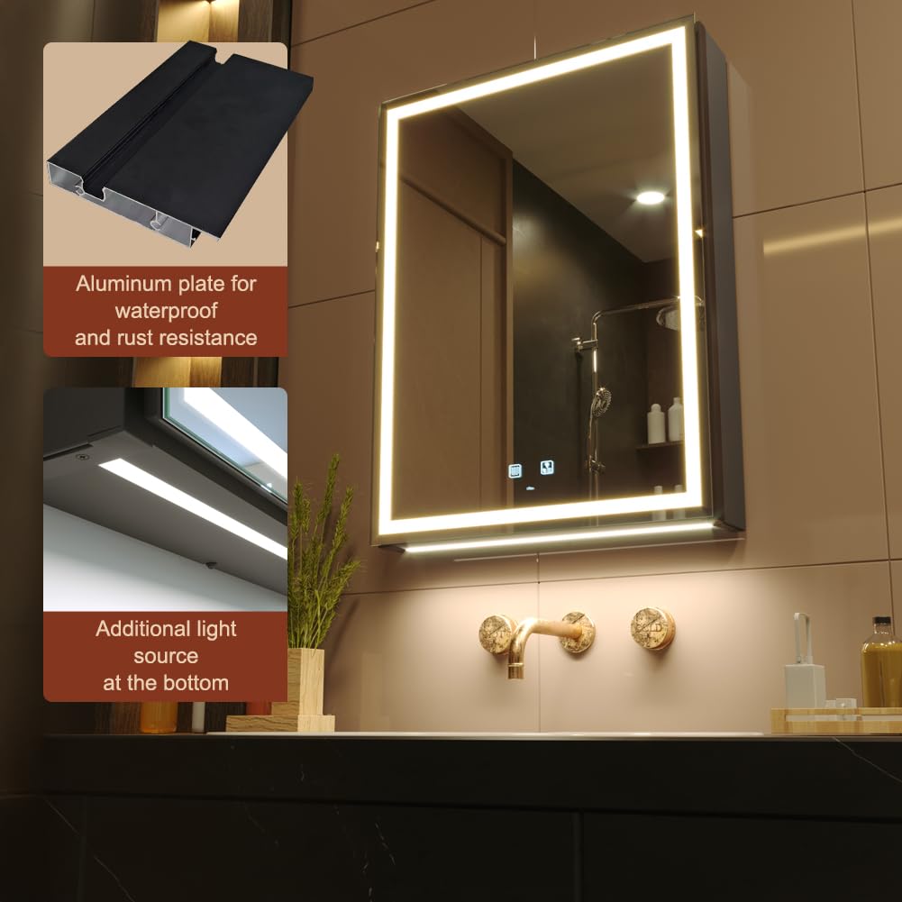 KWW LED Beleuchtetes Badezimmer Medizin Kabinett mit Spiegel, Farbtemperatur Einstellbar, Anti-Nebel Dimmbare Lichter, Steckdosen für USBs (80 x 70 cm)