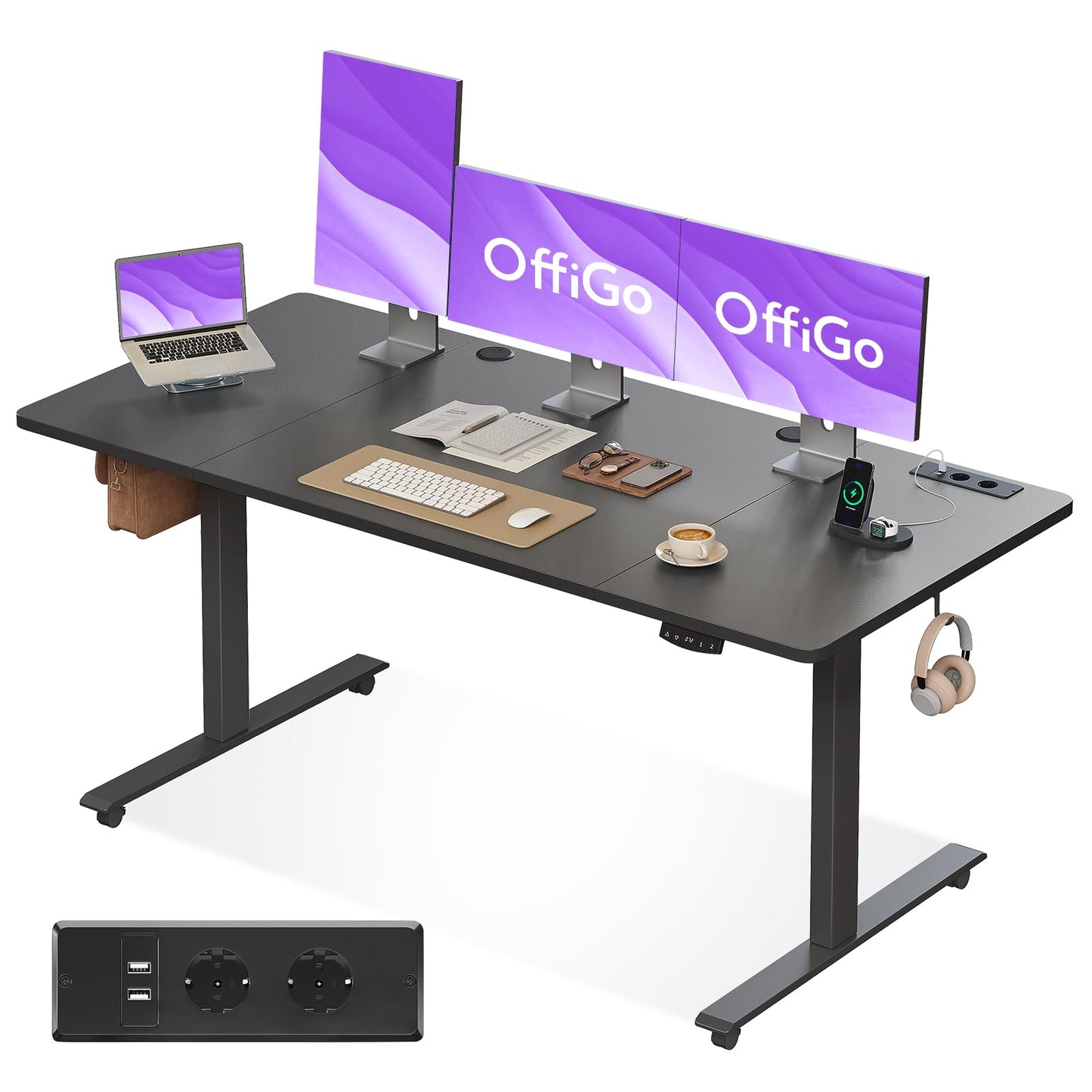 OffiGo Höhenverstellbarer Schreibtisch, 180cm, Elektrischer Schreibtisch mit USB, Schreibtisch Höhenverstellbar mit 2 Memory Funktion, Tisch Höhenverstellbar für Büro, Zuhause, Gaming, Schwarz