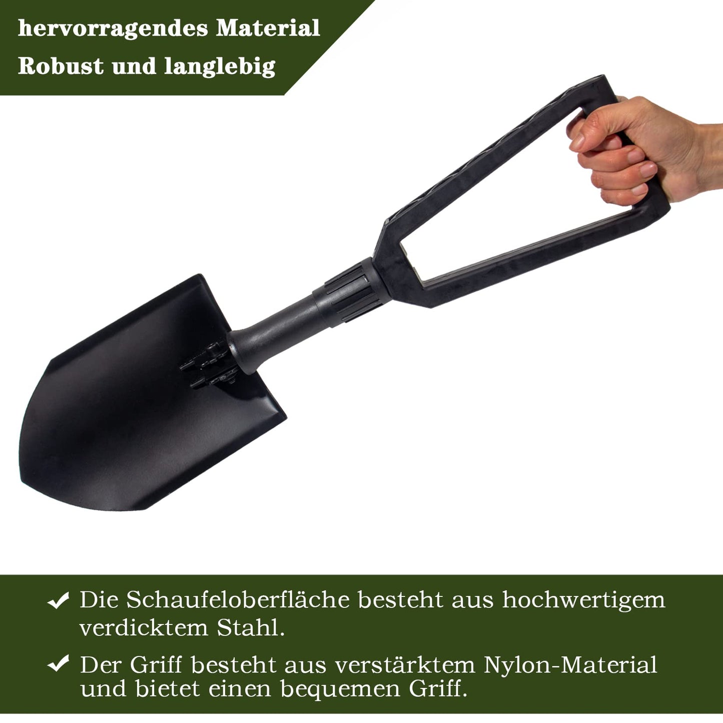 GREELUE Klappspaten, Spaten Garten, Schaufel aus hochfestem Karbonstahl, Gebrauch für Outdoor-Aktivitäten, Camping, Schneeschaufeln, Gartenarbeit, Graben (Schwarz)