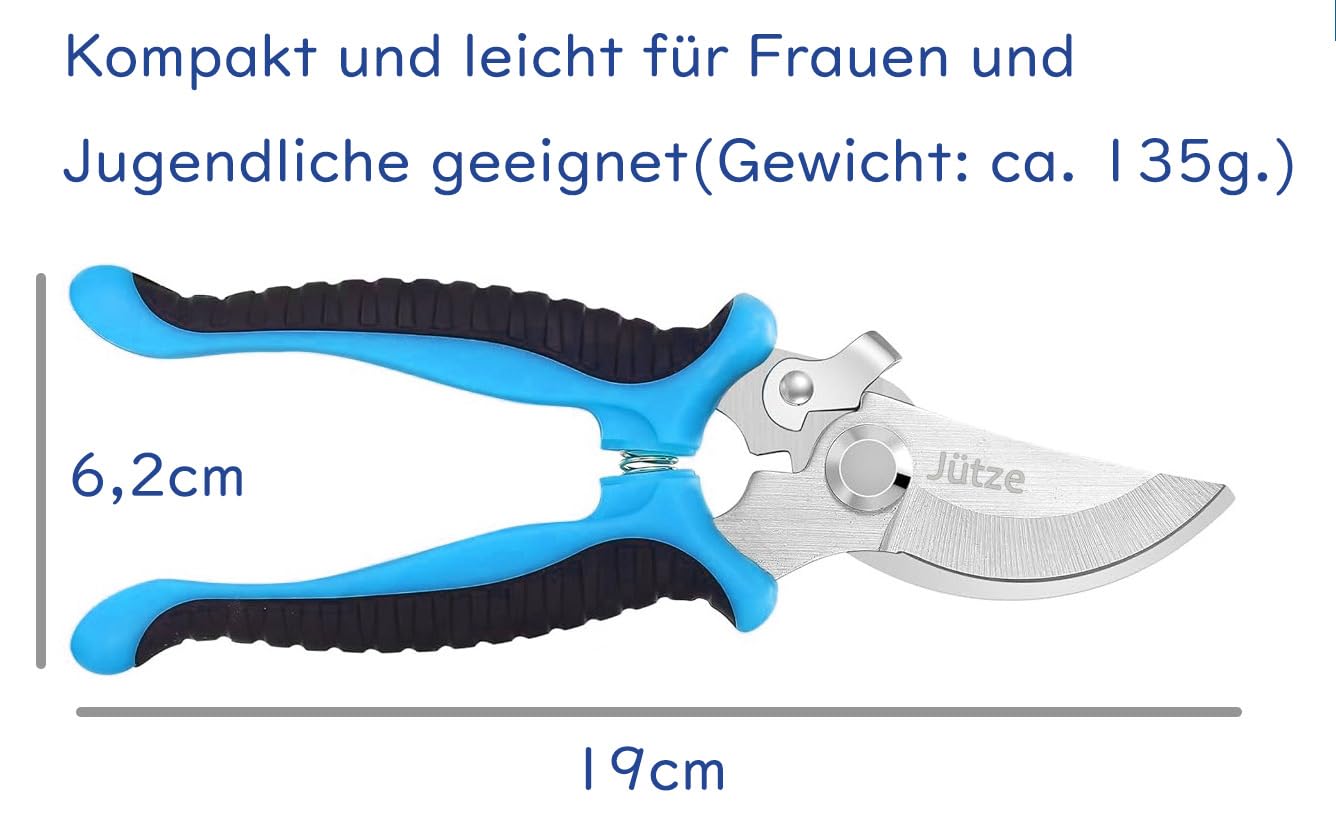 Jütze® Gartenschere für Sträucher und Blumen mit Rutschfester Griff & Edelstahl-Klinge, Leicht & Ergonomisch Rosenschere, Sicher mit Klingensperre, Beidhändig bedienbar, Länge 19cm