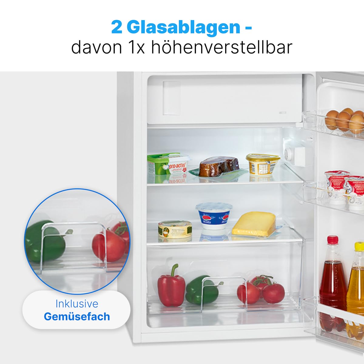 Bomann® Kühlschrank mit Gefrierfach | Kühlschrank klein mit 120L Nutzinhalt | Kühlen 107L & Gefrieren 13L | Fridge mit 3 Türablagen & 2 Glasablagen | wechselbarer Türanschlag
