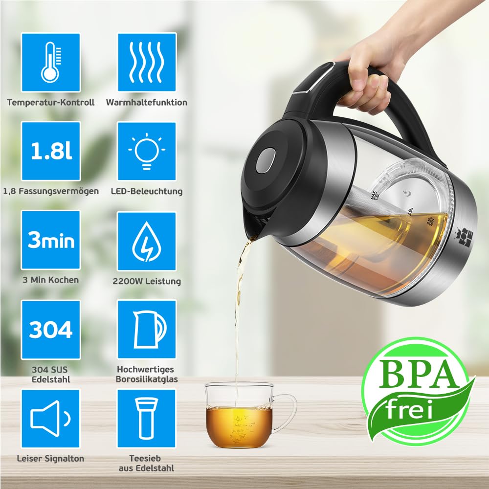 ForMe Glas Wasserkocher 1,8 Temperatureinstellung Temperaturwahl 40°C-100°C Farbwechsel LED I BPA FREI I Temperatur Einstellbar Teekocher Glaskessel Teekessel Glaswasserkocher mit Warmhaltefunktion