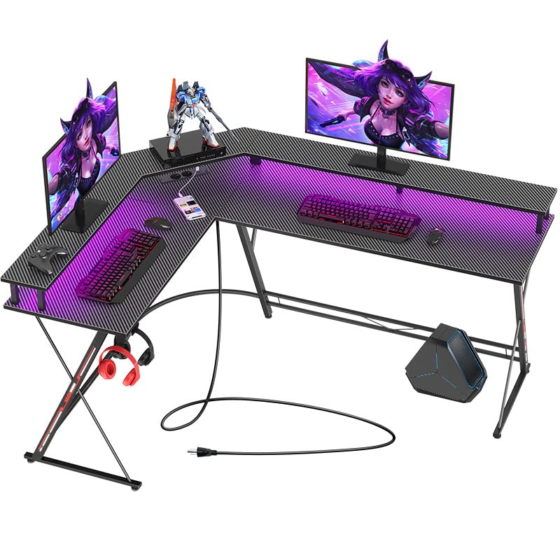 SEVEN WARRIOR Gaming Tisch, Schreibtisch mit LED, Steckdosen, Eckschreibtisch mit Monitorständer, 2 Haken, Ergonomischer Computertisch L Form, 127cm