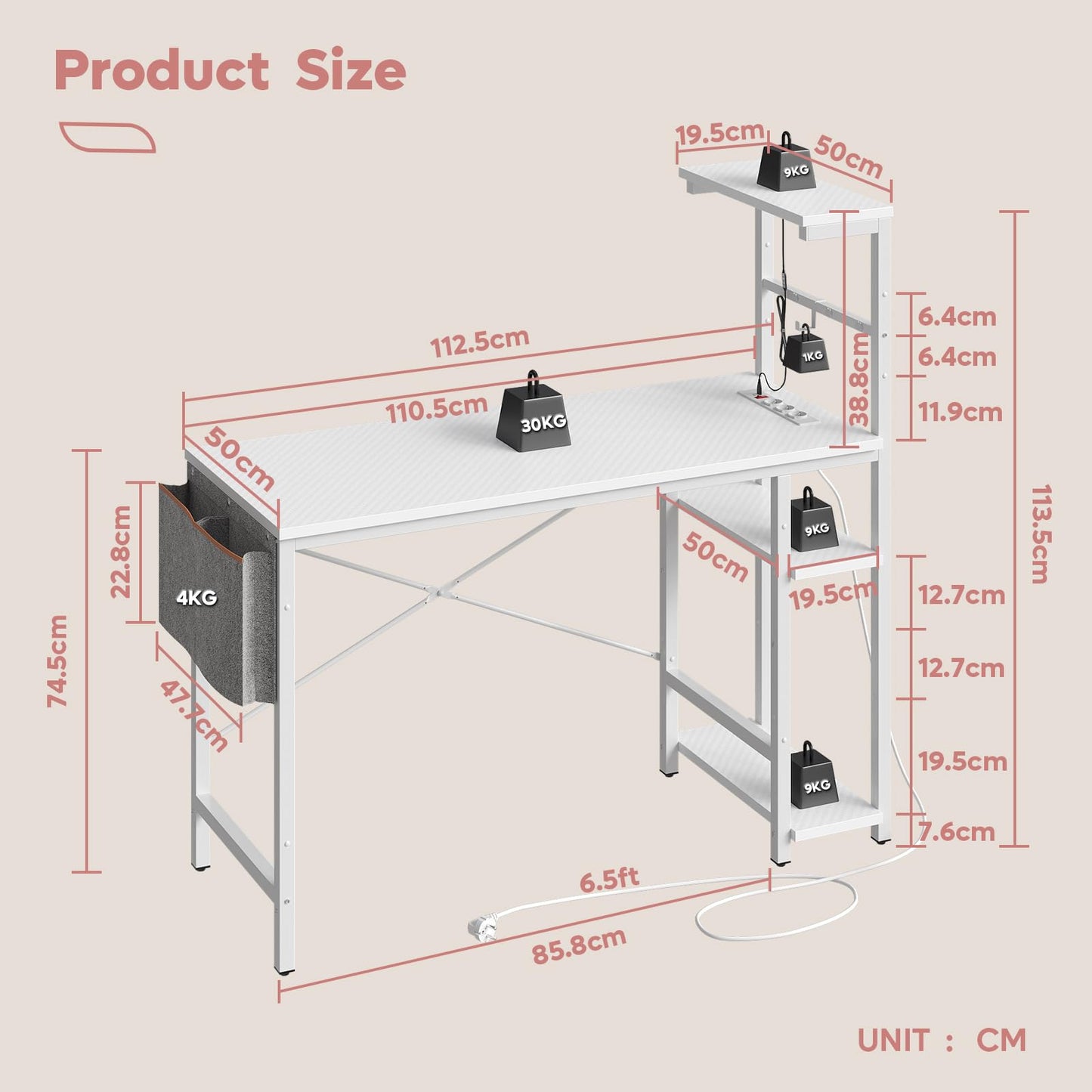 Bestier 113CM Eck-Computertisch mit Steckdosen Computertisch mit LED-Leuchten Umkehrbarer Schreibtisch mit Seitentasche Aufbewahrungstasche & Zubehöraufhänger für Home Office Small Space Weiß