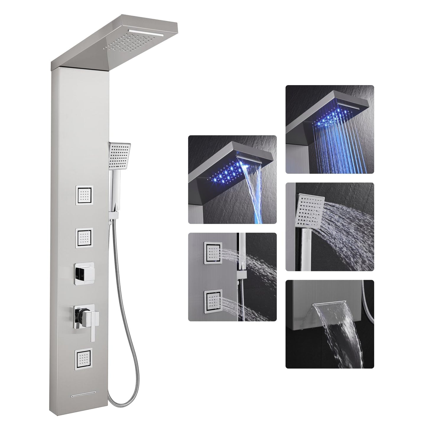 LED Duschpaneel mit Thermostat, OUGOO 6 Funktionen Duschpaneel mit Armatur, Regendusche, Wasserfalldusche, 2-Typ-Massagedüsen, Handbrause und Badewanneneinlauf, 304 Edelstahl, Schwarz