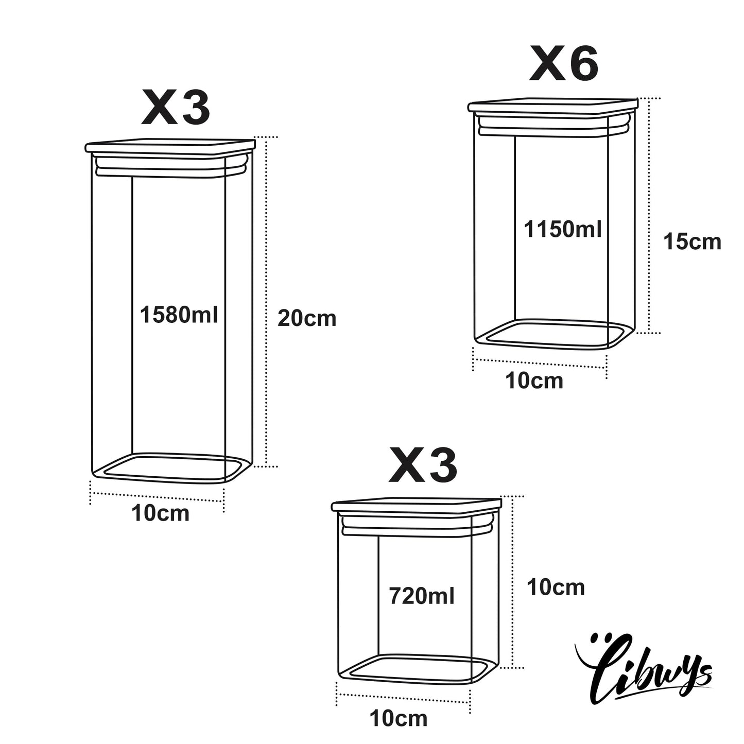 LIBWYS 12er Set Vorratsgläser mit Deckel Eckig Vorratsdose Glas - in 3 Größen: 720ml;1150 ml; 1580 ml - 12pcs Plus Edition