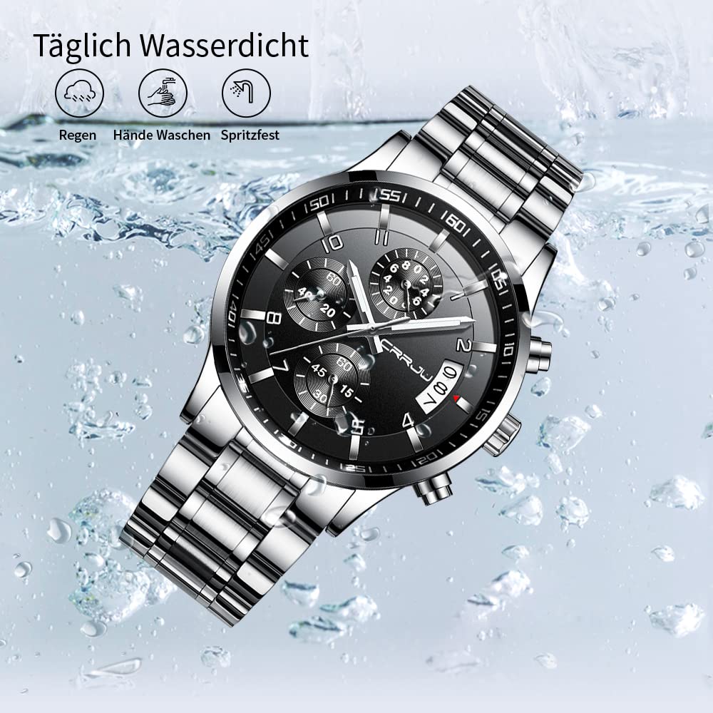 CRRJU Herren Uhr Business Edelstahl wasserdichte Chronographen mit Kalender Armbanduhr Edelstahlband Stoppuhr Analog Quarzuhr