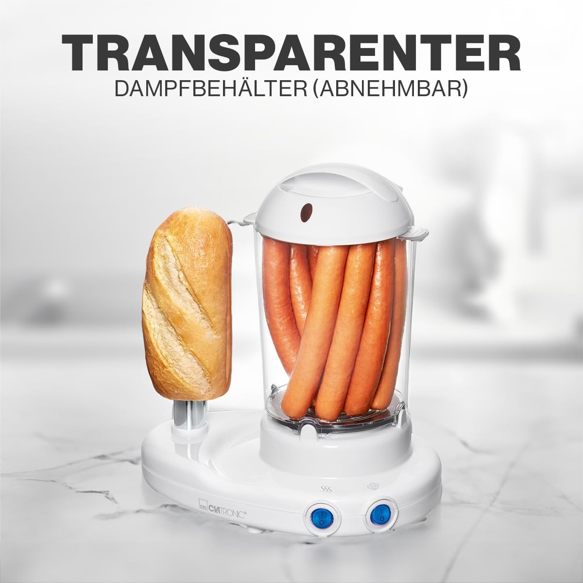 Clatronic® 2in1 Hot Dog Maker & Eierkocher | Hotdog Maker Set für 1-14 Würstchen | Egg Cooker für bis zu 6 Eiern | mit beheiztem Edelstahl-Aufsteckdorn | inkl. Messbecher mit Eipicker | HDM 3420 EK N