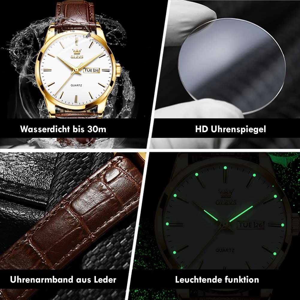 OLEVS Herrenuhren Braune Schwarz Lederarmband Quarz Uhr Männer mit Wochentag Datum Wasserdicht Leuchtende Klassische Elegantes Armbanduhr Geschenk