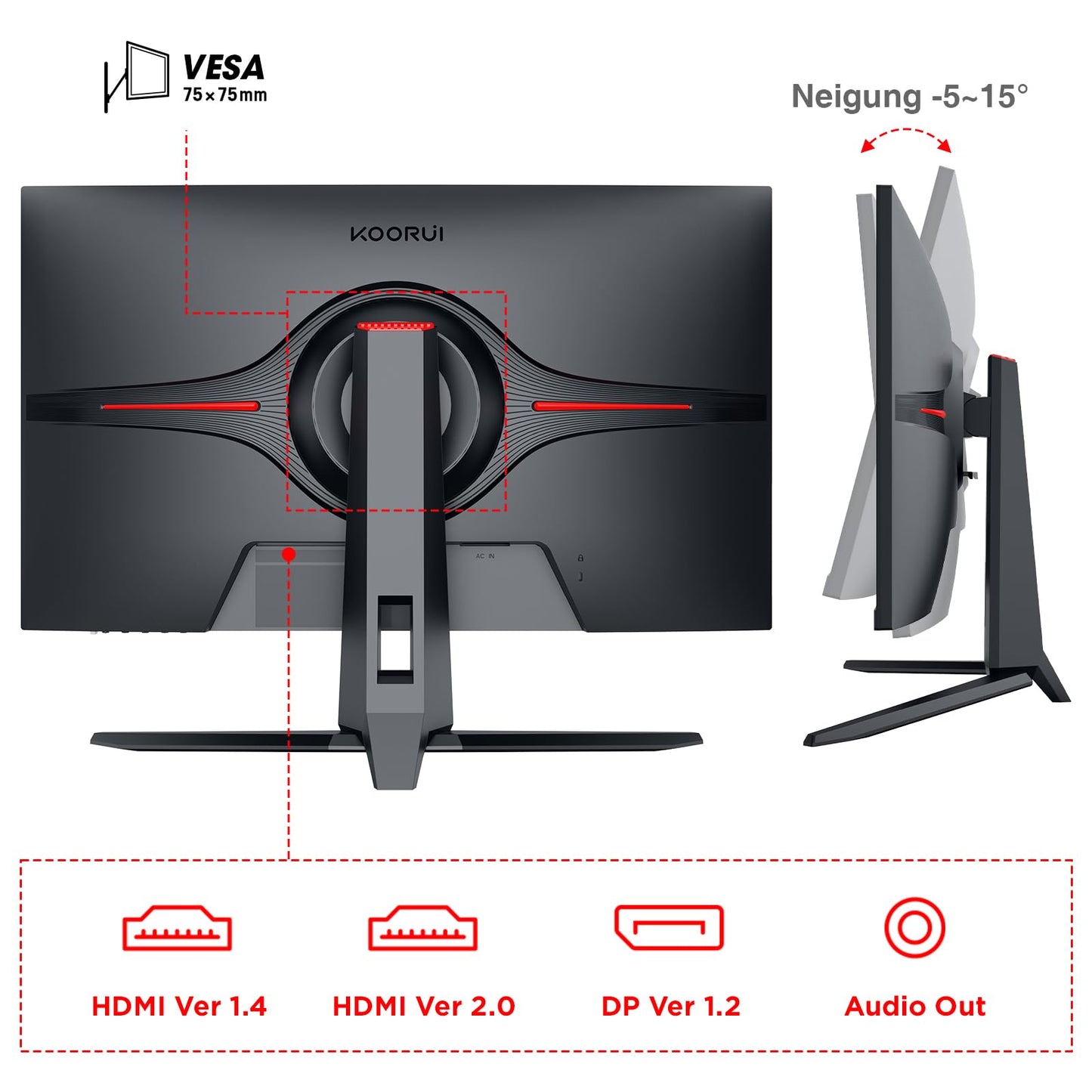 KOORUI Gaming Monitor 24 Zoll - FHD PC Bildschirm VA 165Hz 1ms Monitor 144hz, AdaptiveSync Technology, DCI-P3 85%, 2 x HDMI, DP Neigbar, Schwarz
