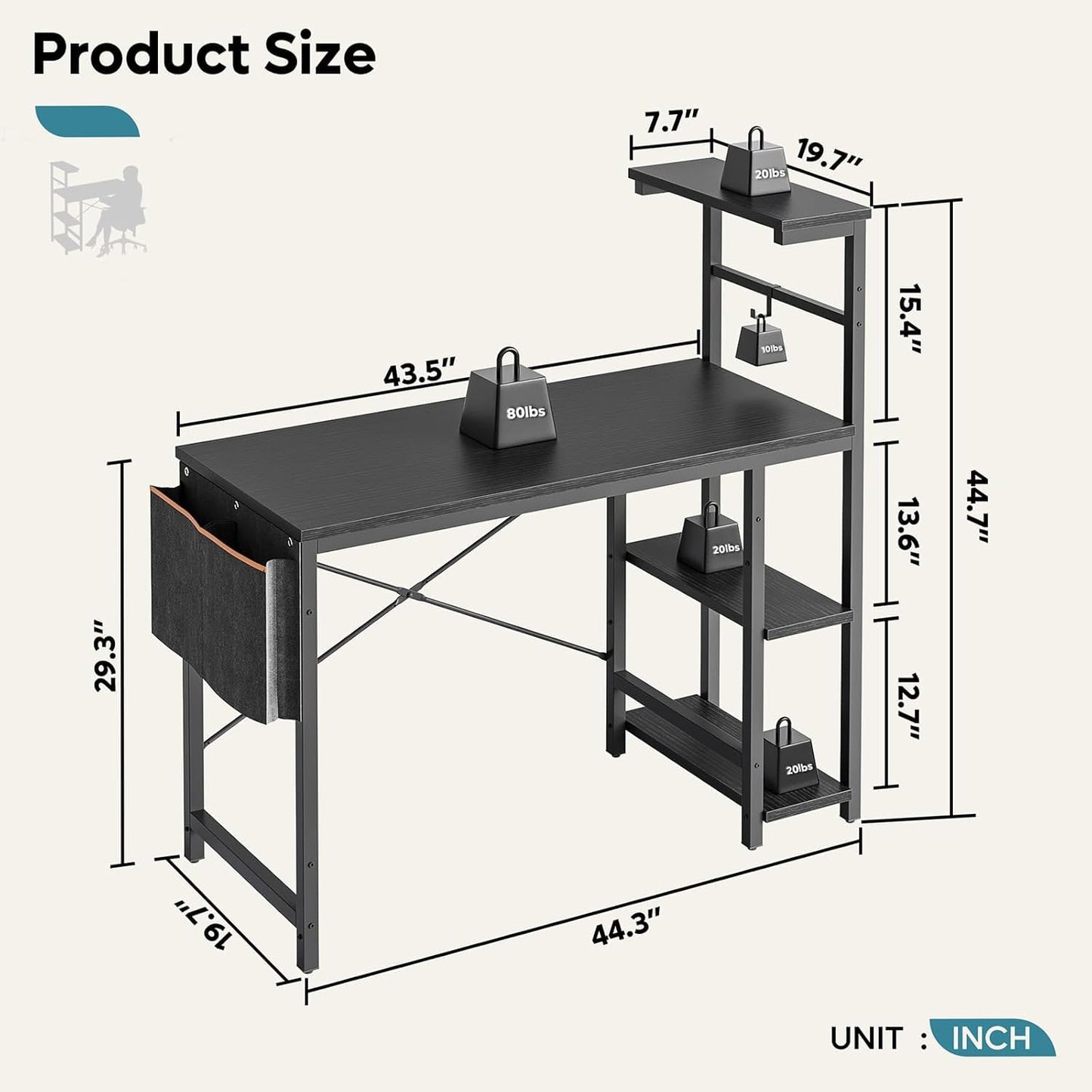 Bestier 113CM Eck-Computertisch mit Steckdosen Computertisch mit LED-Leuchten Umkehrbarer Schreibtisch mit Seitentasche Aufbewahrungstasche & Zubehöraufhänger für Home Office Small Space Weiß