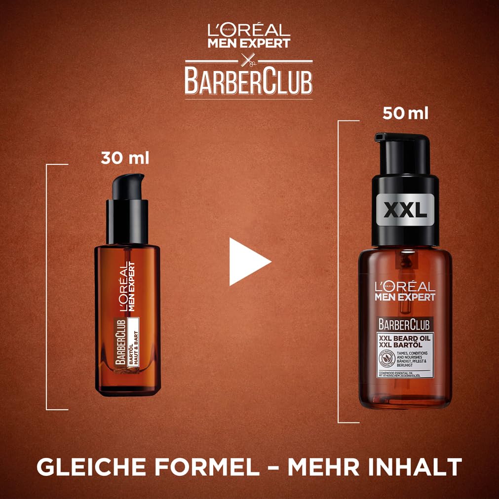 L'Oréal Men Expert XXL Bartöl für Männer, Unterstützung beim gesunden Bartwachstum, Beruhigende Bartpflege für Herren mit Zedernholzöl, Barber Club, 1 x 50 ml