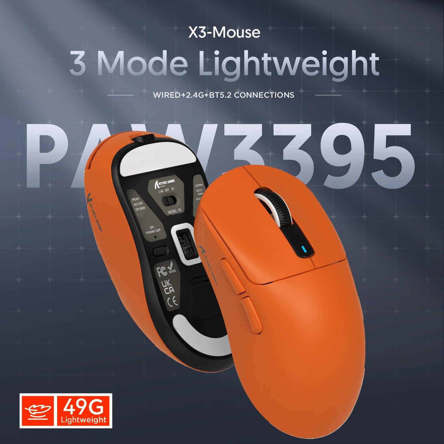 ATTACK SHARK X3 49g Ultralight Mouse, PixArt PAW3395 Gaming Sensor, BT/2.4G Wireless/Wired Gaming Mouse, 26000 DPI, 200 Hours Battery, Office Mice for Win11/Xbox/PS/Mac (White)