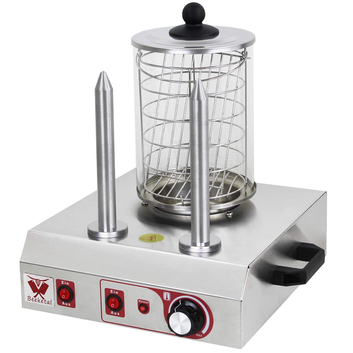 Beeketal 'BHG06b' professional gastro hot dog maker with 2 heating skewers and 140 mm basket diameter, stainless steel hot dog machine for heating sausages and warming up hot dog buns, stainless steel version