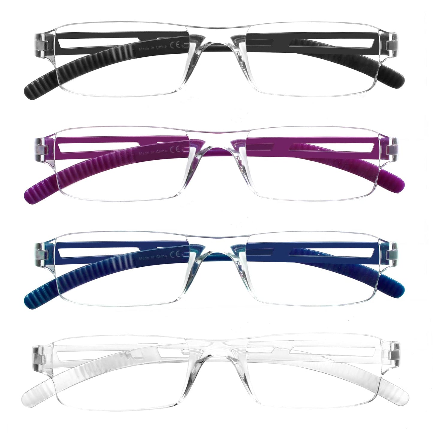 COJWIS Pack of 4 Frameless Reading Glasses for Men and Women, Lightweight and Comfortable, Anti Blue Light Reading Aid / TR90 Glasses (4 Colour Mixing, 2.00, Multiplier_x)