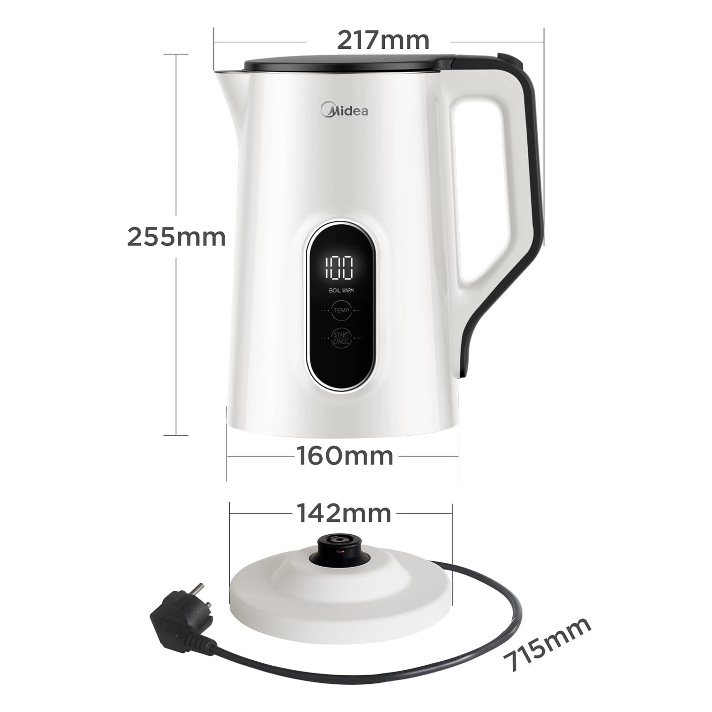 Midea Wasserkocher mit Temperatureinstellung (40, 60, 70, 80, 90, 100 Degree C),Edelstahl 1,7 Liter,Kettle 2200W mit Sichtfenster, Warmhaltefunktion für 60 Min