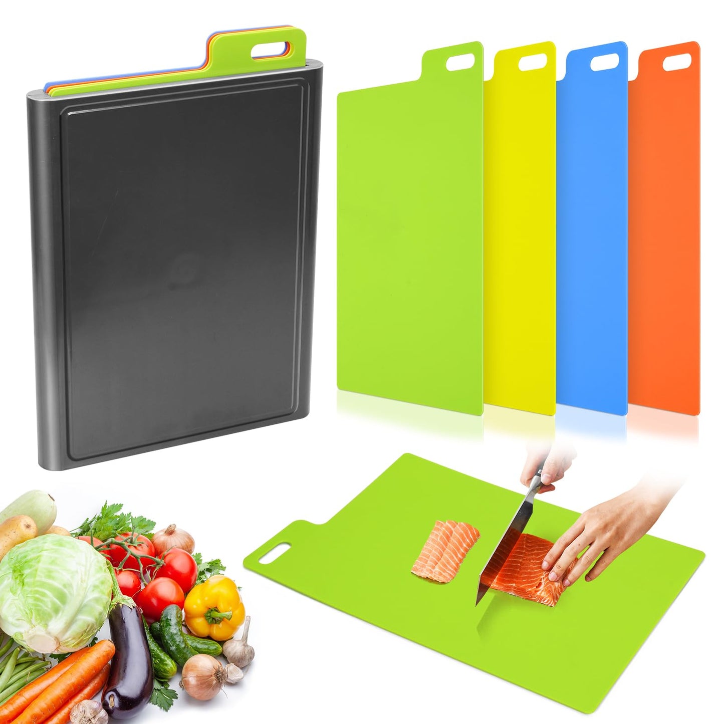Myiosus Schneidebrett Kunststoff, 4 Stück Schneidebrett mit Griff, Rutschfest Schneidebretter für die Küche, Flexibel Schneidebrett Set mit Ständer für Gemüse, Fleisch, Obst, BPA-frei, 37.6 x 25.8cm